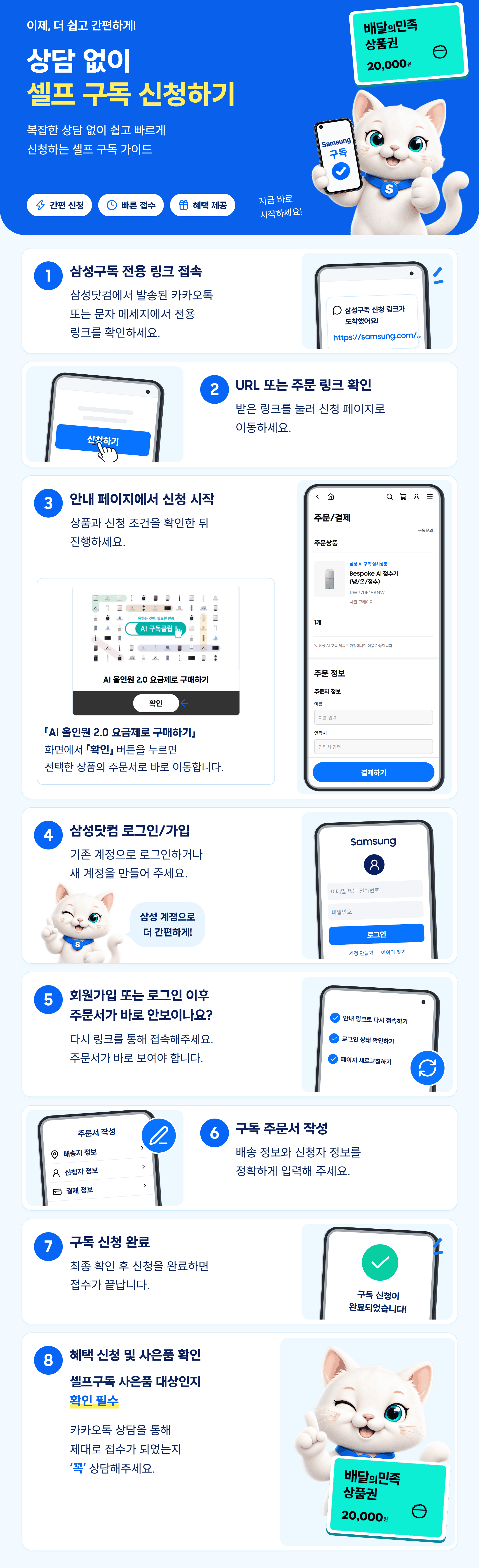 상담 없이 셀프 구독을 신청하는 8단계 안내 이미지. 먼저 전용 링크 접속, 주문 링크 확인, RWP70F15ANW 모바일 주문 화면 확인, 삼성닷컴 로그인·가입, 주문서 재접속, 주문서 작성 후 신청 완료, 사은품 대상 및 카카오톡 접수 확인. 배달의민족 상품권 2만원권 이미지가 함께 있습니다.