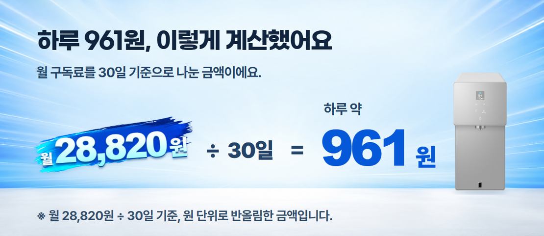 월 구독료 28,820원을 30일로 나누어 계산하면 하루 약 961원입니다. 원 단위 반올림 기준.